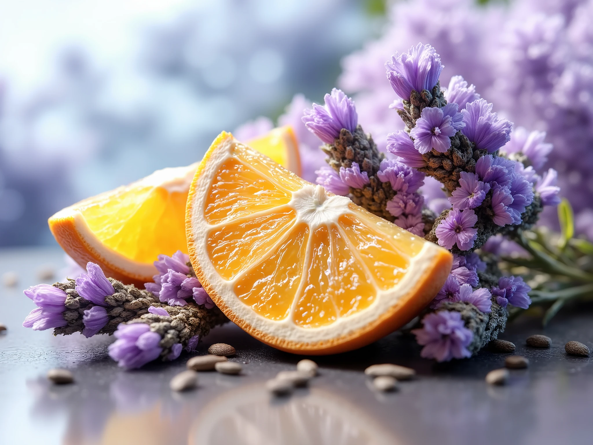 A harmonious and vibrant composition of natural ingredients: a fresh and juicy orange peel with an intense orange tone, delicate branches of purple lavender exuding a sense of tranquility and fennel seeds gently scattered around. The background has an ethereal effect with soft shades of blue and lilac, transmits calm and serenity. The lighting is soft and natural, highlighting the botanical details and textures of the plants. The setting conveys a sense of relaxation and well-being, evoking the idea of a perfect tea to alleviate anxiety and improve sleep