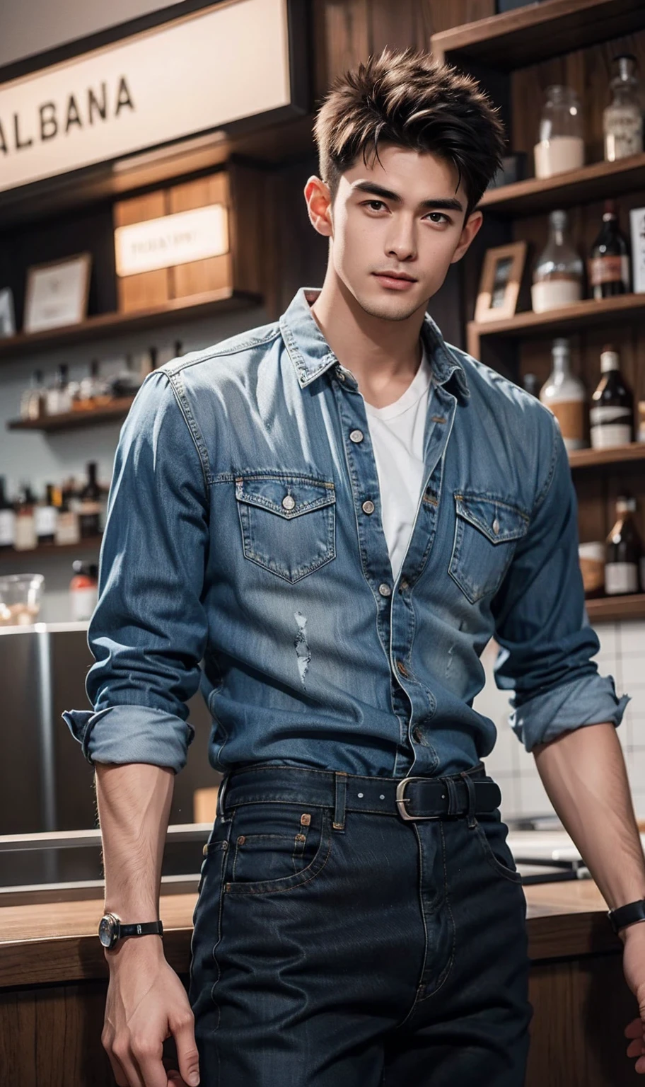 handsome man ,Age 20 , short hair, Korea , student,(((Wear a black long-sleeved denim shirt.......))), full body view,smile ,chest muscles, Big arm muscles, big muscles, Broad shoulders ,sportsperson , upper body (1), rain: 1.3, Gym: 1.2, body drenched: 1.1, cycling