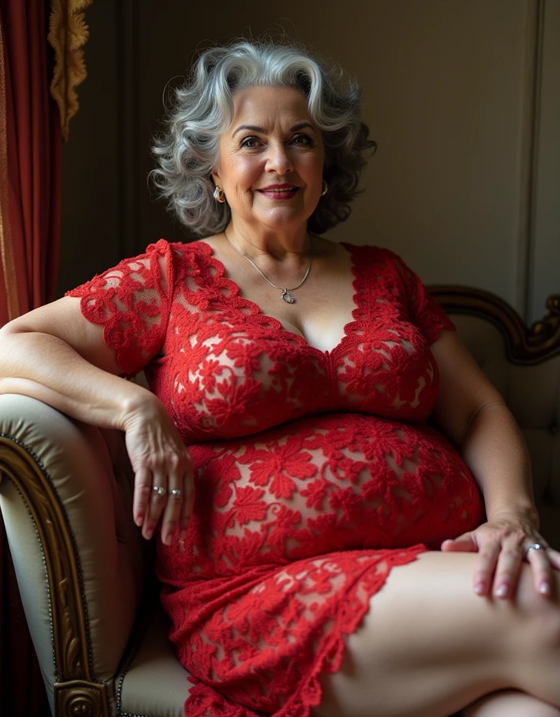 masterpiece, high-level image quality, depth of fields, beautiful mature women, 70 years old, up of face, wearing beautiful dress, sitting in a chair, Fancy makeup, (gigantic, big breasts ;1.7), beautiful face, perfect body