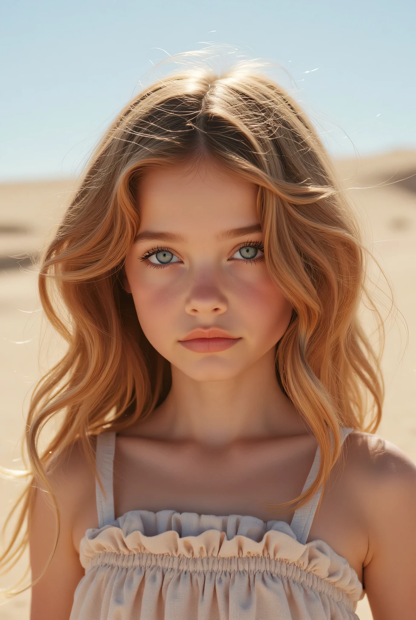 An image of beautiful young twin sisters very very young with white skin , yeux aquamarine. That one has ashy blond hair , Another has red hair and one has light brown hair . Let the background be a desert. Whether it's a realistic photo.. Very young