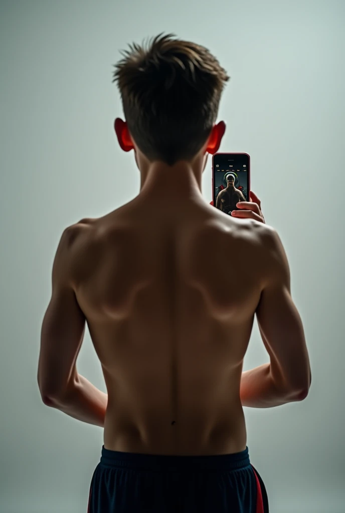 Make me a picture of a boy with his six pack taking a picture with his cell phone that is not animated and is a teenager