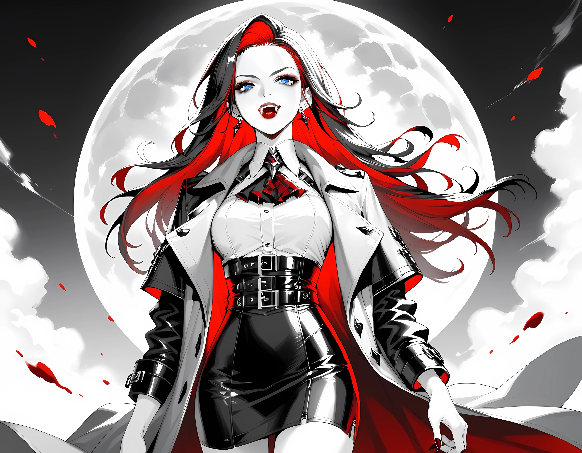 score_9, score_8_up, score_7_up,goth black and white anime art, (black and white art: 1.5) mostly black and white, a picture of a beautiful female vampire, long hair hair, blue eyes, wearing trench coat, wearing a skirt, wearing white leather shirt, (red blood stains: 1.3), it is cloudy night (only colors are the blood and the eyes), vampyfangs1, fantasy, Cinematic Shot