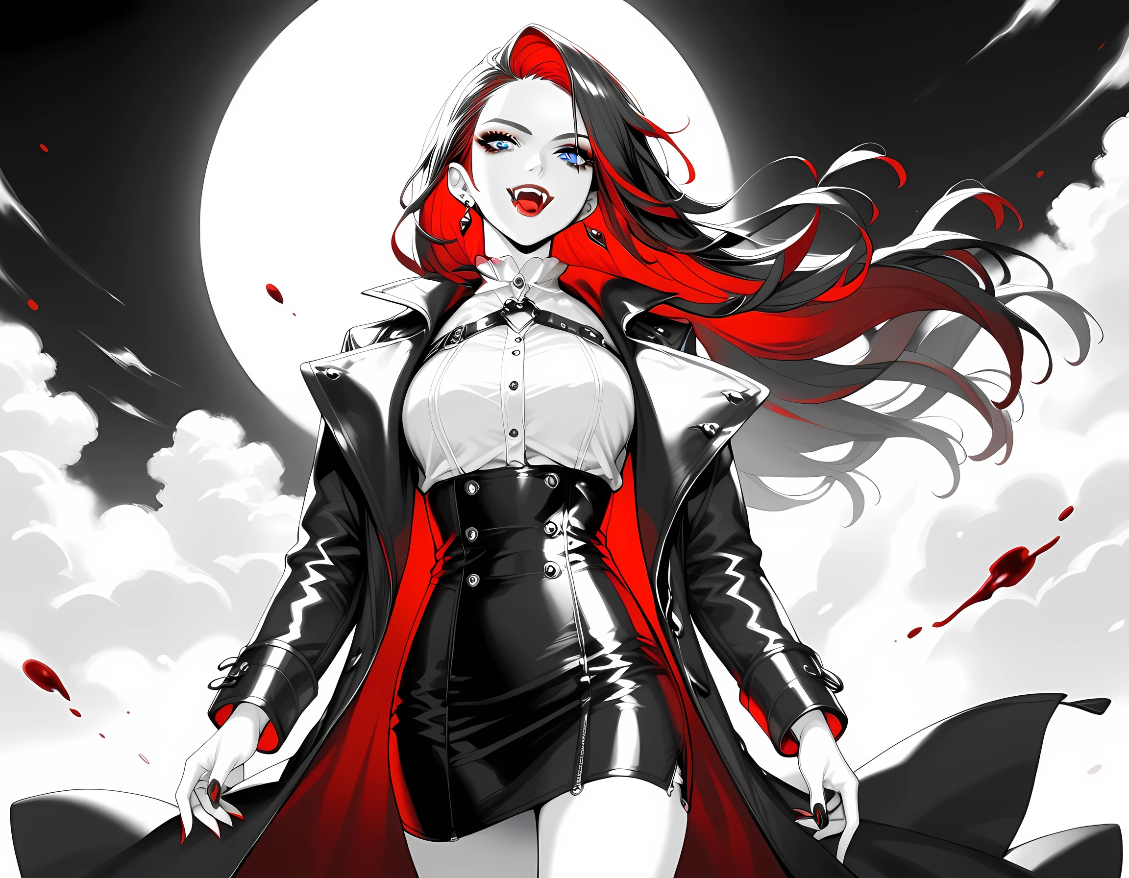 score_9, score_8_up, score_7_up,goth black and white anime art, (black and white art: 1.5) mostly black and white, a picture of a beautiful female vampire, long hair hair, blue eyes, wearing trench coat, wearing a skirt, wearing white leather shirt, (red blood stains: 1.3), it is cloudy night (only colors are the blood and the eyes), vampyfangs1, fantasy, Cinematic Shot