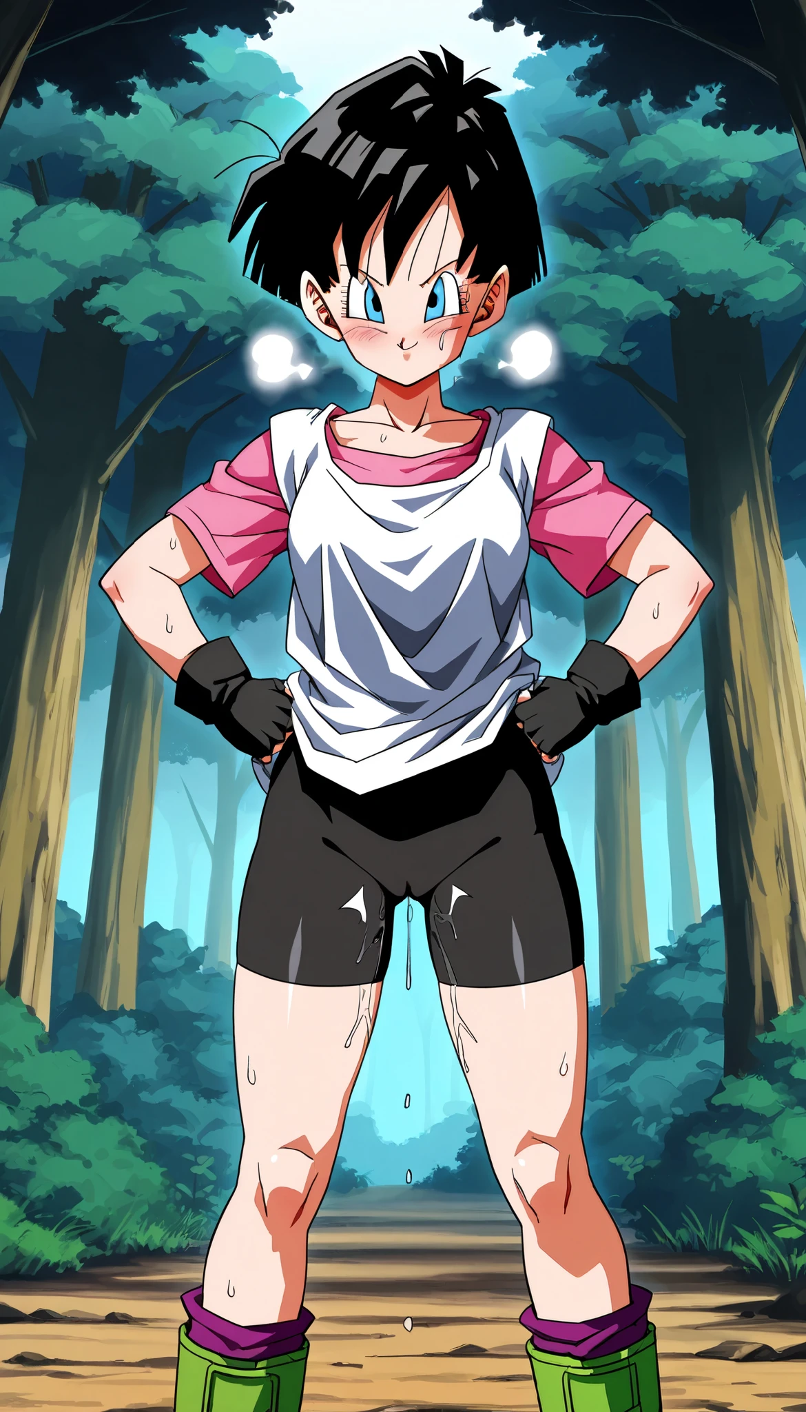 score_9, score_8_up, score_7_up,DragonBall style,Anime Coloring,Masterpiece,high quality,high image quality,pretty finger,detailed face,BREAK,(nsfw:1.3),1girl,solo,v1del, black hair, short hair, blue eyes,white shirt, pink shirt, short sleeves, black gloves, fingerless gloves, bike shorts, socks, boots,BREAK,,BREAK,standing,hands on hip,BREAK,Confident smile,defiant attitude,blush,out of breath,sweat,(in heat:1.5),pussy juice,BREAK,outdoor,forest,looking viewer,cowboy shot,from forward