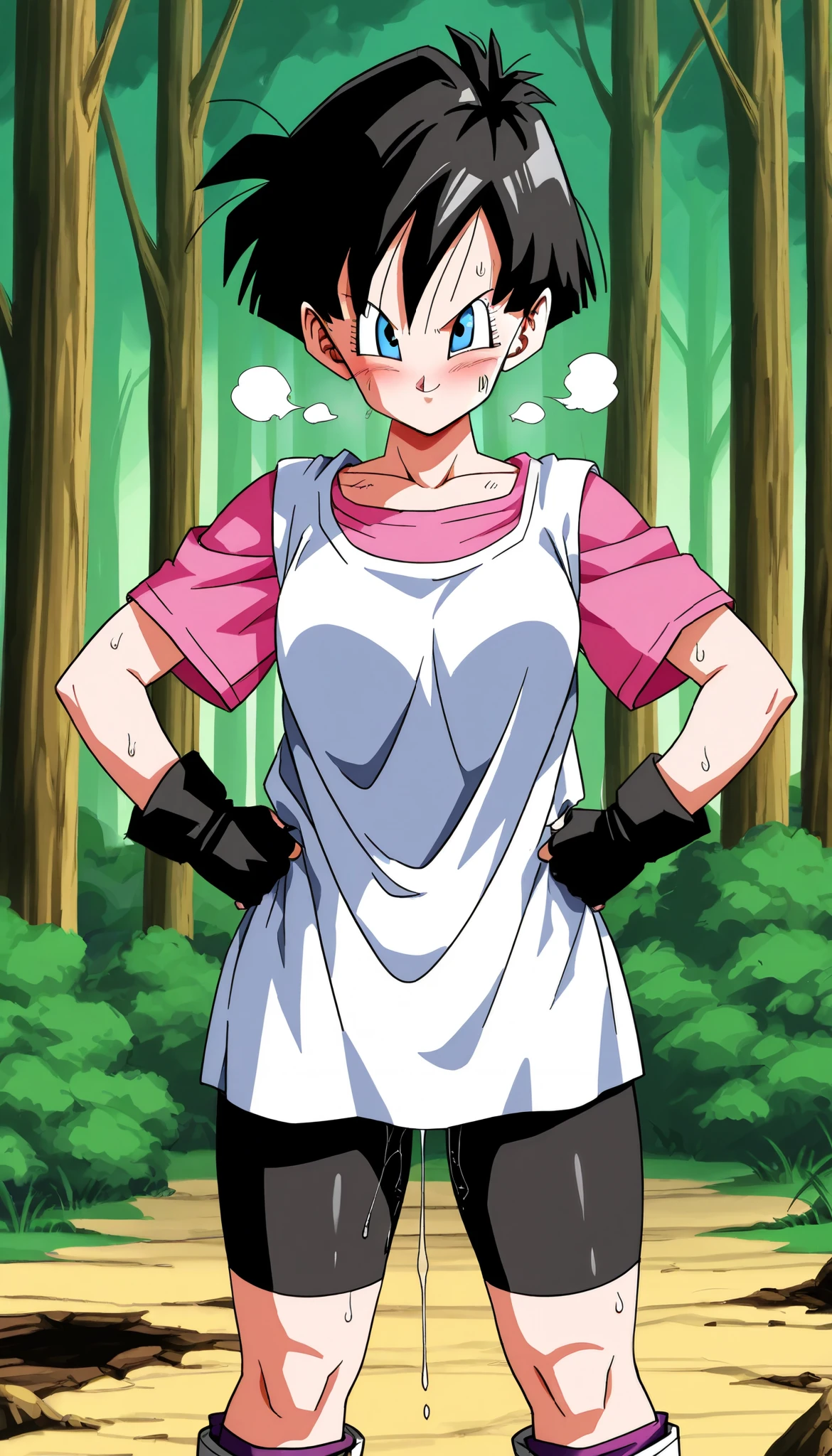 score_9, score_8_up, score_7_up,DragonBall style,Anime Coloring,Masterpiece,high quality,high image quality,pretty finger,detailed face,BREAK,(nsfw:1.3),1girl,solo,v1del, black hair, short hair, blue eyes,white shirt, pink shirt, short sleeves, black gloves, fingerless gloves, bike shorts, socks, boots,BREAK,,BREAK,standing,hands on hip,BREAK,Confident smile,defiant attitude,blush,out of breath,sweat,(in heat:1.5),pussy juice,BREAK,outdoor,forest,looking viewer,cowboy shot,(from behind)