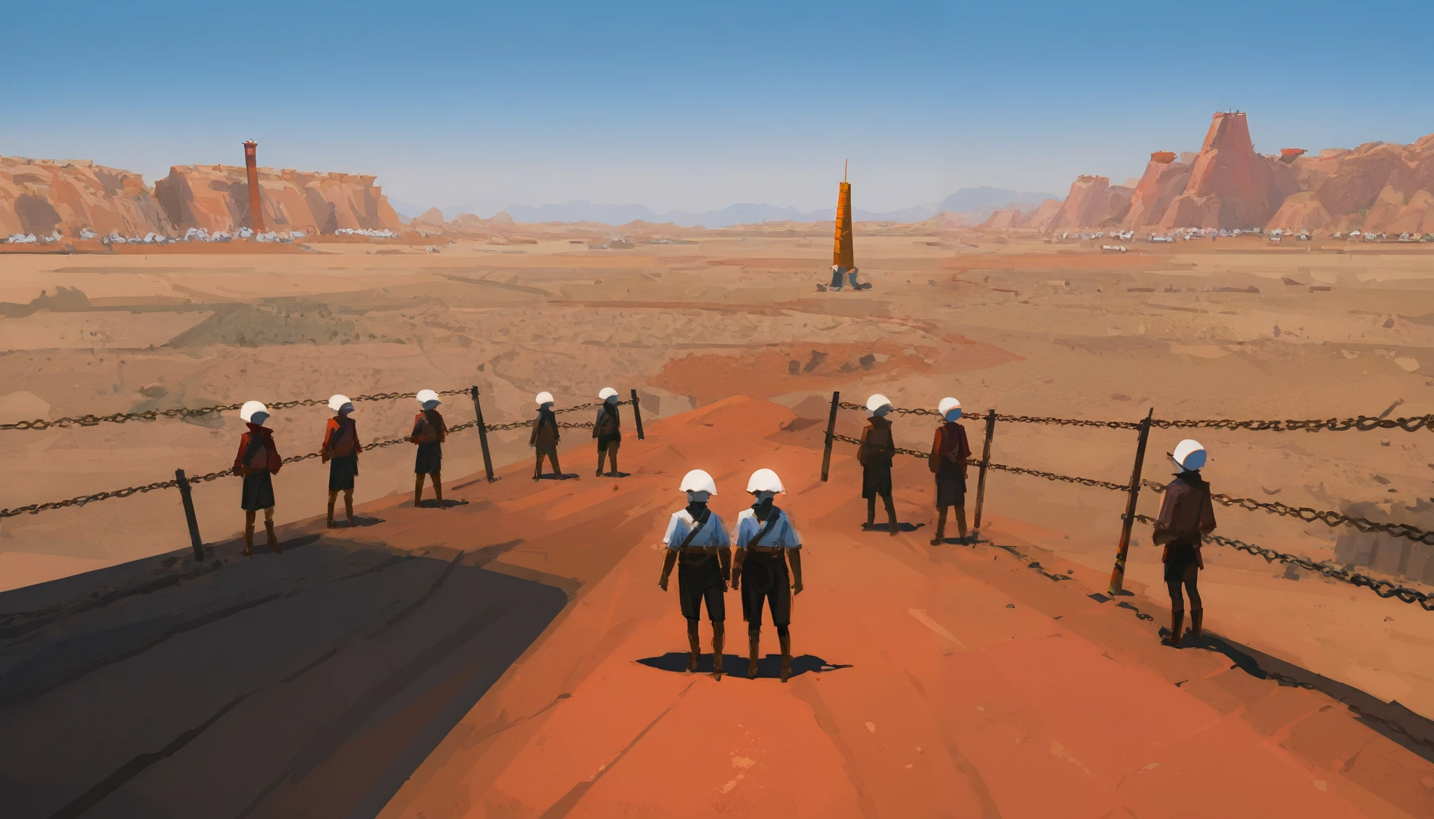 Yun Lin, sketch, sunlight, wide frame, red wasteland, red canyon, (very high detail),4k,8k,HDR,
mast,erpiece, best quality, stunning quality,
standing, outdoors, landscape, building, chain-link fence, day, fence, ((people with orange cones instead of heads)),
detailed background, (depth sharpness: 0.9), (convergence of points: 0.9),People have different cones on their heads, ((foreshortening from afar:1.3)), ((landscape from a height, foreshortening from the sky)), tiny people, small roads, small car