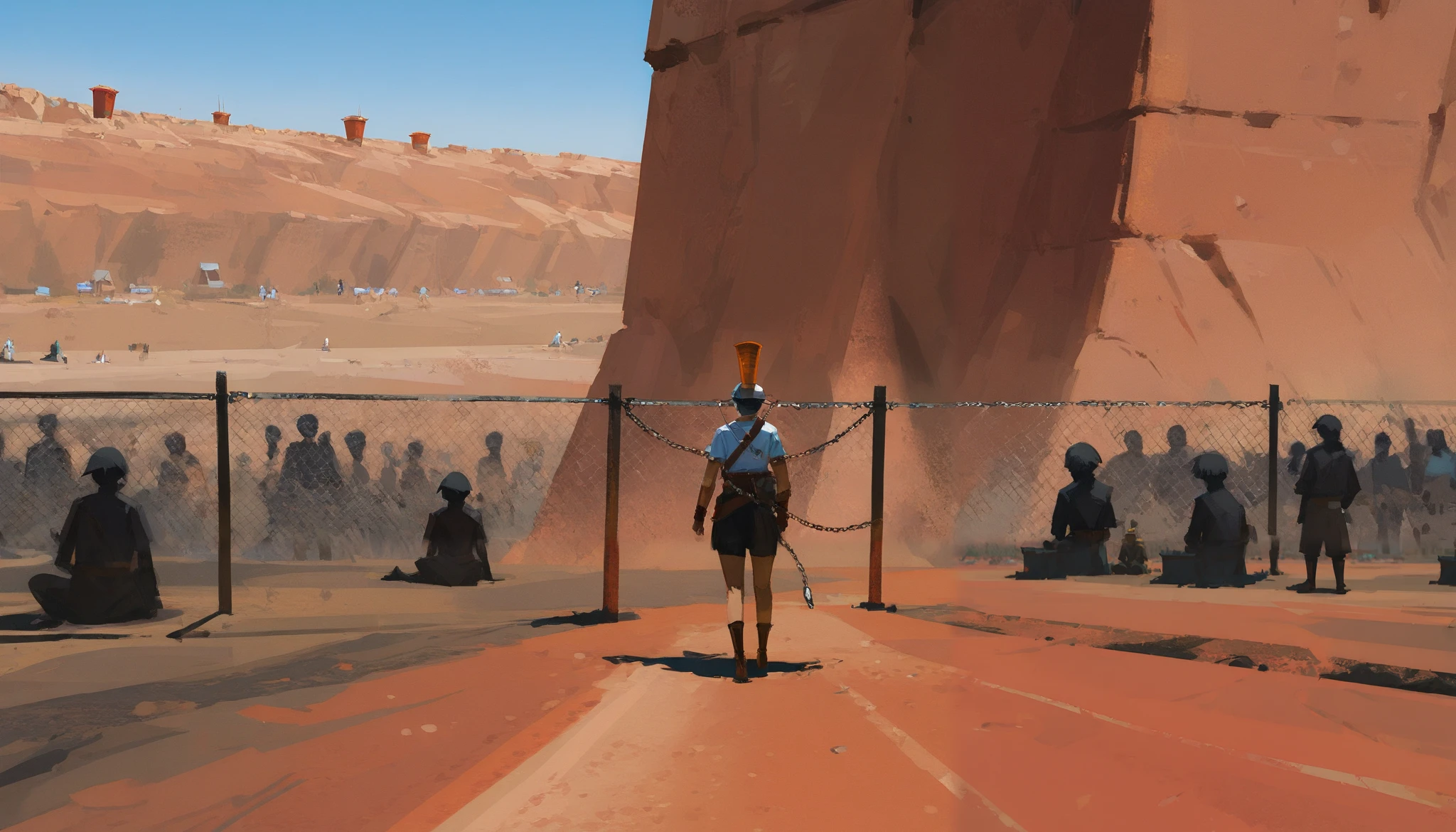 Yun Lin, sketch, sunlight, wide frame, red wasteland, red canyon, (very high detail),4k,8k,HDR,
mast,erpiece, best quality, stunning quality,
standing, outdoors, landscape, building, chain-link fence, day, fence, ((people with orange cones instead of heads)), sitting at the edge
detailed background, (depth sharpness: 0.9), (convergence of points: 0.9),People have different cones on their heads, ((foreshortening from afar:1.3))