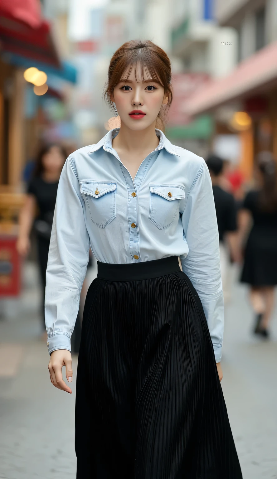 a woman,  walking in the middle of town, use a denim shirt of white color,  using a long skirt to the toe pleated model in black,  big boobs,  red lips, Hair tied ponytail 