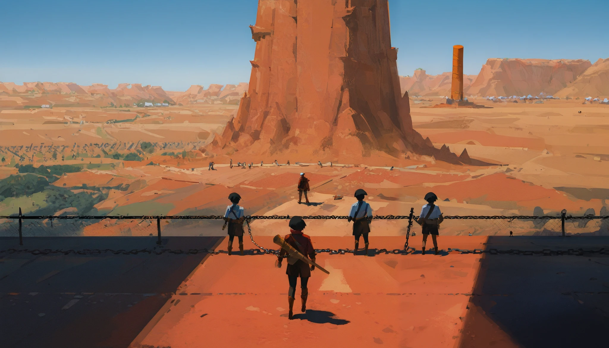 Yun Lin, sketch, sunlight, wide frame, red wasteland, red canyon, (very high detail),4k,8k,HDR,
mast,erpiece, best quality, stunning quality,
standing, outdoors, landscape, building, chain-link fence, day, fence, ((people with orange cones instead of heads)),
detailed background, (depth sharpness: 0.9), (convergence of points: 0.9),People have different cones on their heads, ((foreshortening from afar:1.3)), ((landscape from a height, foreshortening from the sky)), tiny people, small roads, small car