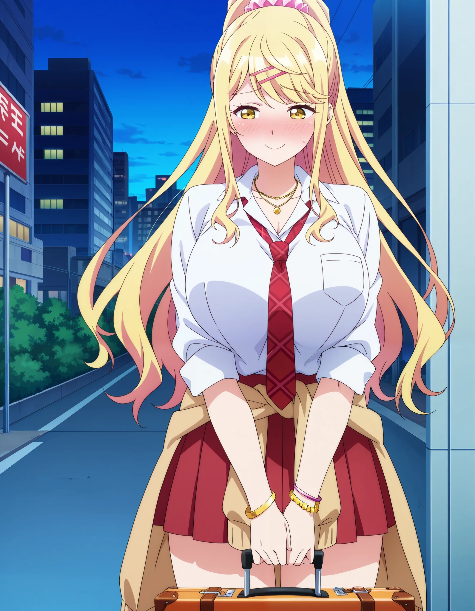 score_9, score_8_up, score_7_up, source_anime, himari ishikura, long hair, bangs, blonde hair, large breasts, hair ornament, yellow eyes, ponytail, hairclip, high ponytail, huge breasts, anime screencap,standing, hands together, standing, hands together, looking down to the side, embarrassed, skirt, shirt, jewelry, school uniform, white shirt, necktie, collared shirt, necklace, bracelet, red skirt, red necktie, clothes around waist, gyaru,suitcase, traveling, commute, city skyline, smile,solo,, cowboy shot, solo