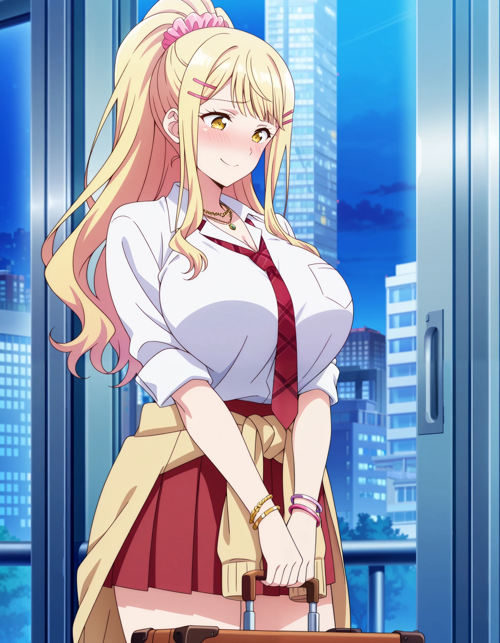 score_9, score_8_up, score_7_up, source_anime, himari ishikura, long hair, bangs, blonde hair, large breasts, hair ornament, yellow eyes, ponytail, hairclip, high ponytail, huge breasts, anime screencap,standing, hands together, standing, hands together, looking down to the side, embarrassed, skirt, shirt, jewelry, school uniform, white shirt, necktie, collared shirt, necklace, bracelet, red skirt, red necktie, clothes around waist, gyaru,suitcase, traveling, commute, city skyline, smile,solo,, cowboy shot, solo
