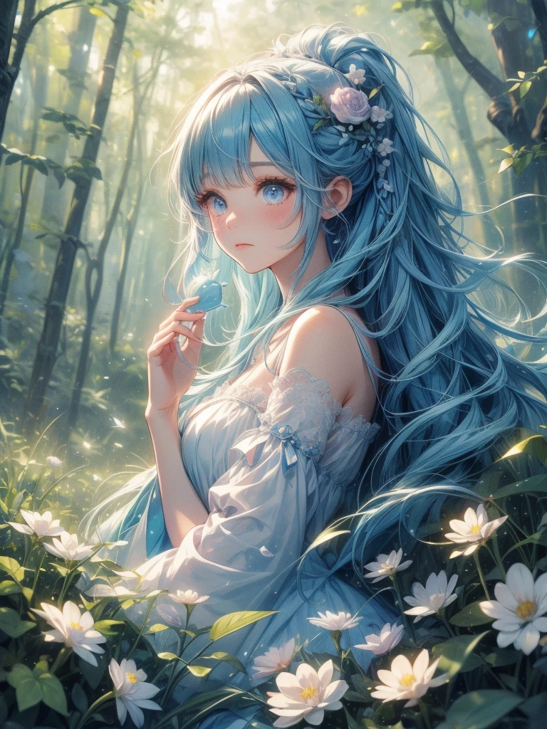 (masterpiece: 1.2, Highest quality), (Actual Photos, Intricate details), 1. woman, alone, Upper Body, bikini、Shoulder-length hair, Minimal makeup, Natural materials, Face close-up, smile, Home, (Light blue hair).blue eyes, Shoulder Bare、Smiling with teeth showing、(In the gap between my breasts).((sexy)).((Outdoor)).((Lace pattern clothing)).