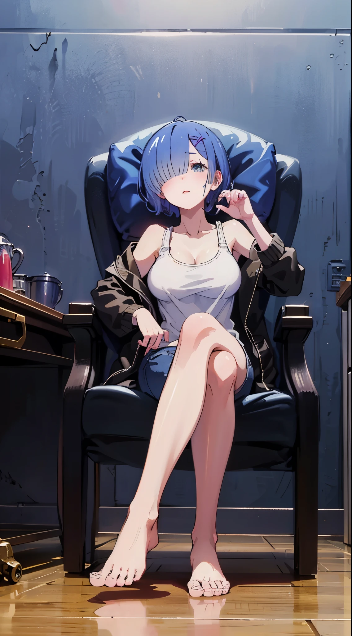 in a dark cell ,short hair、Blue Hair、、hair over one eye、 One woman sits in a swivel chair touching her genitals over her pants,Behind a desk , low angle,bare feet, foot focus ,dark eyes,black hair,White Berry Tank Top ,black jacket,bungs, long hair,齐bungs, denim shorts,anatomically correct, big breasts(d), mature,blue hair、short hair