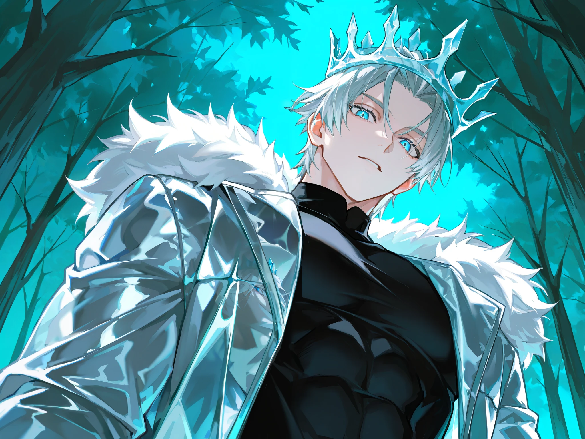 bottom view, 1 guy, solo, guy with gray hair, пепельные hair is combed back, hair is combed back, ярко-BLUE EYES, Яркие серо-BLUE EYES, long lashes, BLUE EYES, burning with fire, haughty look, looks down into the eyes, and in the air there's a narrow, elongated pupils, bottom view вверх,Glass retina, black shirt with silver patterns, jacket with white fur, fur on the jacket , winter coat , strong muscular build, looks at viewer, bottom view, best quality, Glass retina, there is an Ice Crown in the air above your head, Ice Crown, huge transparent blocks of ice hang in the air, the magical blue aura, 1 guy, green forest, lots of green leaves and trees, The guy looks down , haughty cold look, killer look, view of the guy from below, close, focus on face