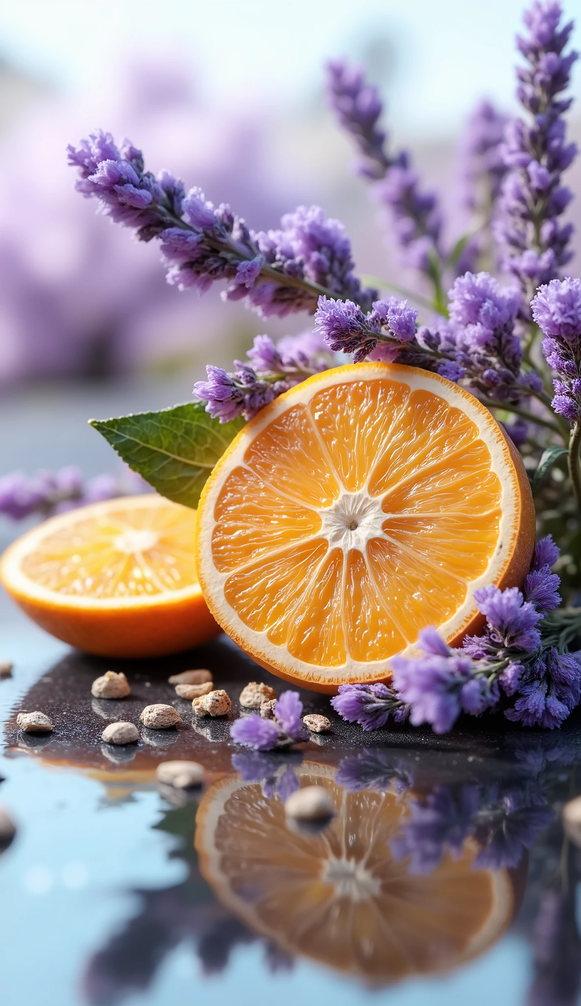 A harmonious and vibrant composition of natural ingredients: a fresh and juicy orange peel with an intense orange tone, delicate branches of purple lavender exuding a sense of tranquility and fennel seeds gently scattered around. The background has an ethereal effect with soft shades of blue and lilac, transmits calm and serenity. The lighting is soft and natural, highlighting the botanical details and textures of the plants. The setting conveys a sense of relaxation and well-being, evoking the idea of a perfect tea to alleviate anxiety and improve sleep