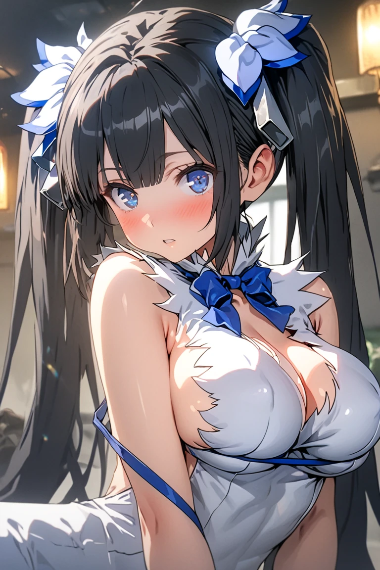 high quality, masterpiece, super detailed, bottom view,1 girl, extremely detailed faces, white lace bikini,maid crown,Kneeling on the ground,handcuffs,collar,Calm expression,Smile,handcuffs,collar,long black hair, charming pink eyes, fox ears, Ridiculously big, shiny skin, Wooden floor,medieval town