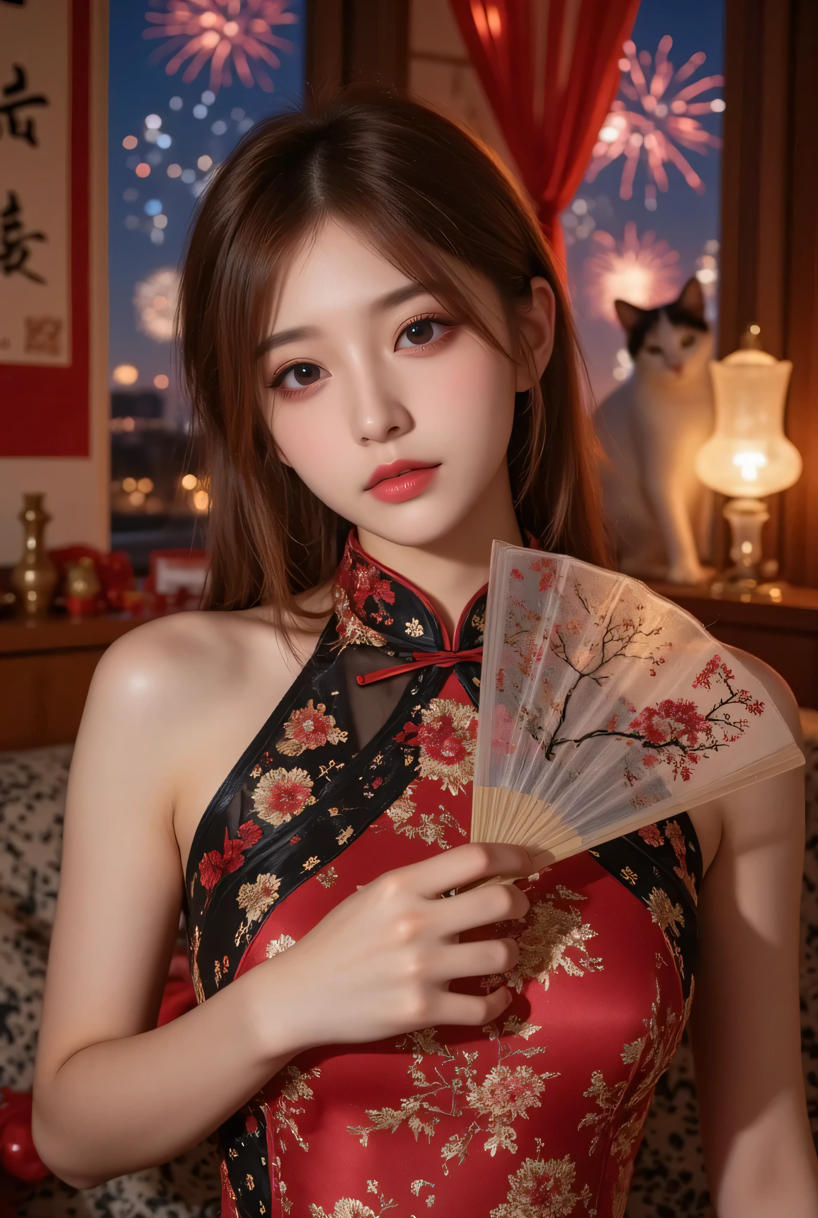 Cat ears、 face up, attractive, pretty girl, ponytail、 (( fine facial features , eroticism)), dramatic lighting , realistic , 8k, Dramatic Shadows , intricate and elaborate patterns , super detailed photo , chiaroscuro lighting , Pleasant colors , deep contrast , super real 、 pink lipstick、 warm room、Vintage Fireplace 、 cinematic composition、Close-up of face, pretty half part transparent open shoulder loose outfits dress, tang style, A beautiful Korean idol wearing a one piece red- black tightly cheongsam with phoenix and intricate floral golden embroidery, golden and silver outline on dress, hand hold pink feathers transparent Chinese fan with golden ink painting of bird and tree , standing gracefully in a room filled with traditional Chinese New Year decorations. The room features vibrant red lanterns, decorative calligraphy scrolls, a small Chinese orange tree with golden ornaments, and several red envelopes scattered across the floor and hanging from the tree. Adorable, playful cats are part of the scene—some sitting near the tree, others curiously pawing at the red envelopes or lounging around. Through a window or an open door in the background, vibrant Chinese fireworks light up the night sky in an array of reds, golds, and blues, casting a magical glow into the room. The idol’s outfit is paired with subtle accessories like red hairpins or earrings, complementing the festive look. The atmosphere is warm and lively, filled with the joyful essence of the celebration, enhanced by the shimmering lights of the fireworks and the lively decor.