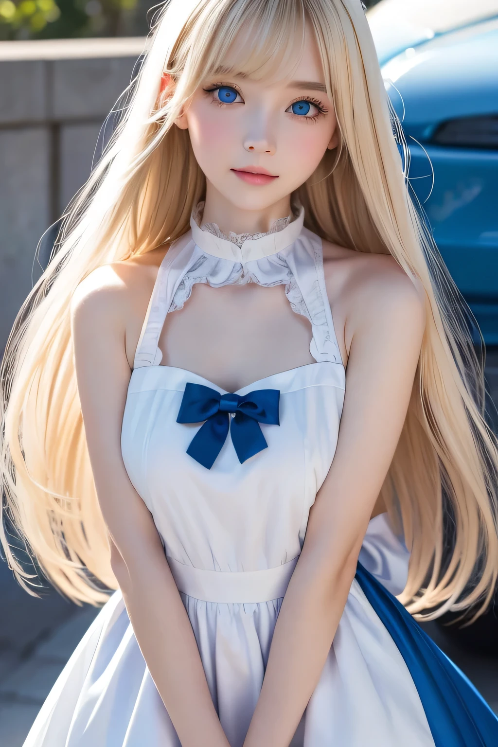 best quality 、ultra high definition、 photo 、 expression of a sweet white girl 、 detailed sweet and beautiful young face 、( Eros's clear face _v1:0.008)、 Alice in Wonderland, the sideways 、、white, shiny skin、 beautiful bright blond super long straight silky hair、 Beautiful big bright blue eyes, that make you wake up 、 chelka、 white apron、 blue dress、 、 without makeup、High-quality clothes、round face、blonde、blonde between eyes 、 chelka that cover the eyes、 big breasts