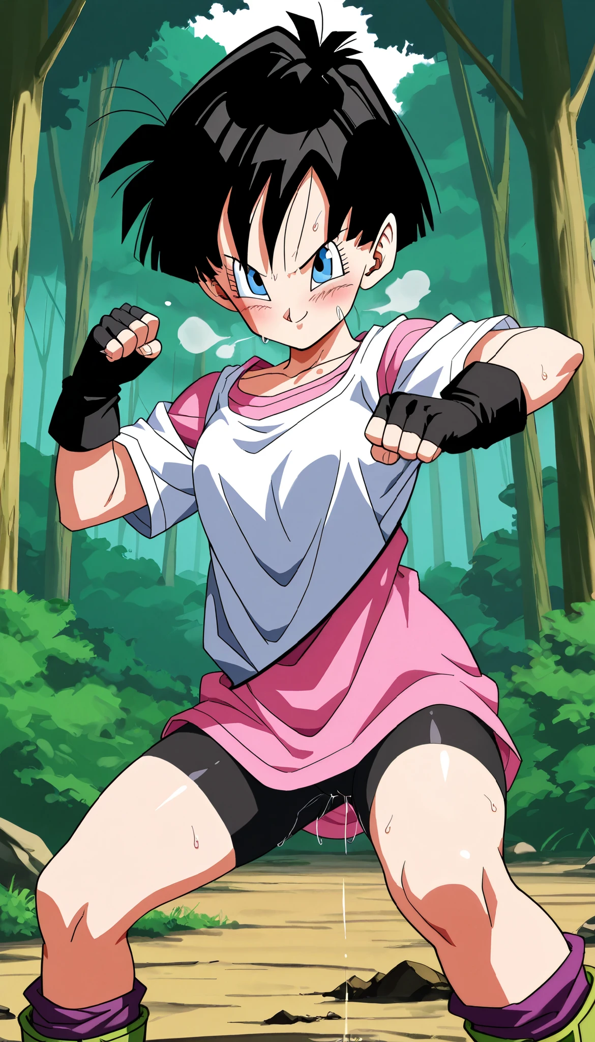 score_9, score_8_up, score_7_up,DragonBall style,Anime Coloring,Masterpiece,high quality,high image quality,pretty finger,detailed face,BREAK,(nsfw:1.3),1girl,solo,v1del, black hair, short hair, blue eyes,white shirt, pink shirt, short sleeves, black gloves, fingerless gloves, bike shorts, socks, boots,BREAK,,BREAK,fighting pose,dynamic action,dynamic angel,BREAK,Confident smile,defiant attitude,blush,out of breath,sweat,(in heat:1.5),pussy juice,BREAK,outdoor,forest,looking viewer,cowboy shot