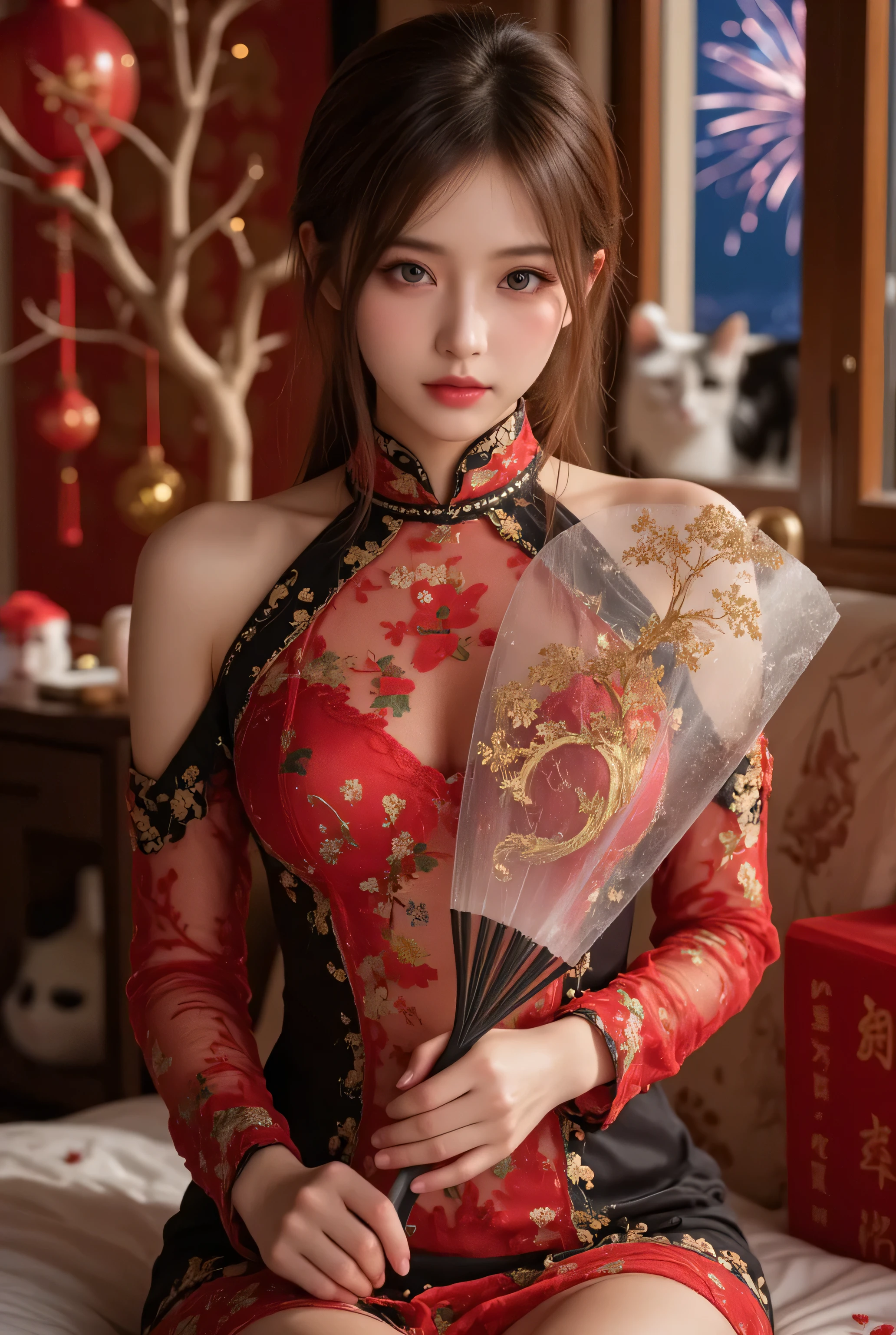 Cat ears、 face up, attractive, pretty girl, ponytail、 (( fine facial features , eroticism)), dramatic lighting , realistic , 8k, Dramatic Shadows , intricate and elaborate patterns , super detailed photo , chiaroscuro lighting , Pleasant colors , deep contrast , super real 、 pink lipstick、 warm room、Vintage Fireplace 、 cinematic composition、Close-up of face, pretty half part transparent open shoulder loose outfits dress, tang style, A beautiful Korean idol wearing a one piece red- black tightly cheongsam with phoenix and intricate floral golden embroidery, golden and silver outline on dress, hand hold pink feathers transparent Chinese fan with golden ink painting of bird and tree , standing gracefully in a room filled with traditional Chinese New Year decorations. The room features vibrant red lanterns, decorative calligraphy scrolls, a small Chinese orange tree with golden ornaments, and several red envelopes scattered across the floor and hanging from the tree. Adorable, playful cats are part of the scene—some sitting near the tree, others curiously pawing at the red envelopes or lounging around. Through a window or an open door in the background, vibrant Chinese fireworks light up the night sky in an array of reds, golds, and blues, casting a magical glow into the room. The idol’s outfit is paired with subtle accessories like red hairpins or earrings, complementing the festive look. The atmosphere is warm and lively, filled with the joyful essence of the celebration, enhanced by the shimmering lights of the fireworks and the lively decor.