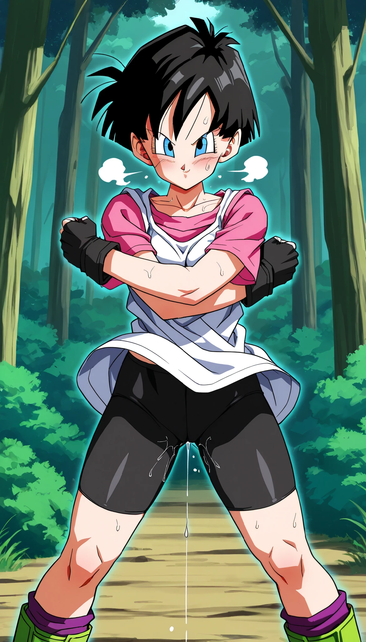 score_9, score_8_up, score_7_up,DragonBall style,Anime Coloring,Masterpiece,high quality,high image quality,pretty finger,detailed face,BREAK,(nsfw:1.3),1girl,solo,v1del, black hair, short hair, blue eyes,white shirt, pink shirt, short sleeves, black gloves, fingerless gloves, bike shorts, socks, boots,BREAK,,BREAK,fighting pose,dynamic action,dynamic angel,BREAK,Confident smile,defiant attitude,blush,out of breath,sweat,(in heat:1.5),pussy juice,BREAK,outdoor,forest,looking viewer,cowboy shot