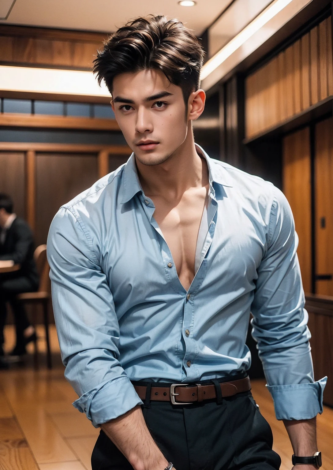 open shirt man, young, 22 years old, sexy, realistic, masterpiece, intricate details, detailed background, depth of field, cinematic, pectorals, abs, half naked , open shirt, dramatic lighting, photo of a handsome man in bedroom, window, volumetric light, poster art photography