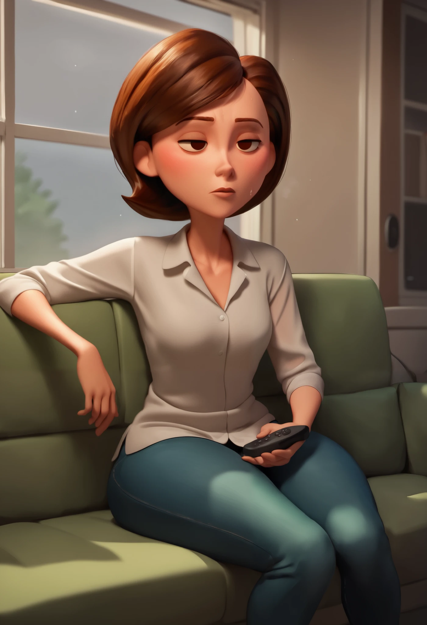 Helen parr, solo1, mature female, brown eyes, brown hair, short hair, small breasts, collarbone, casual, (cold light), thick thighs, jeans, white collared shirt, sitting, ((green couch)), 80s living room, watching tv, daylight, window, remote controler, empty eyes, half-closed eye, mouth opened