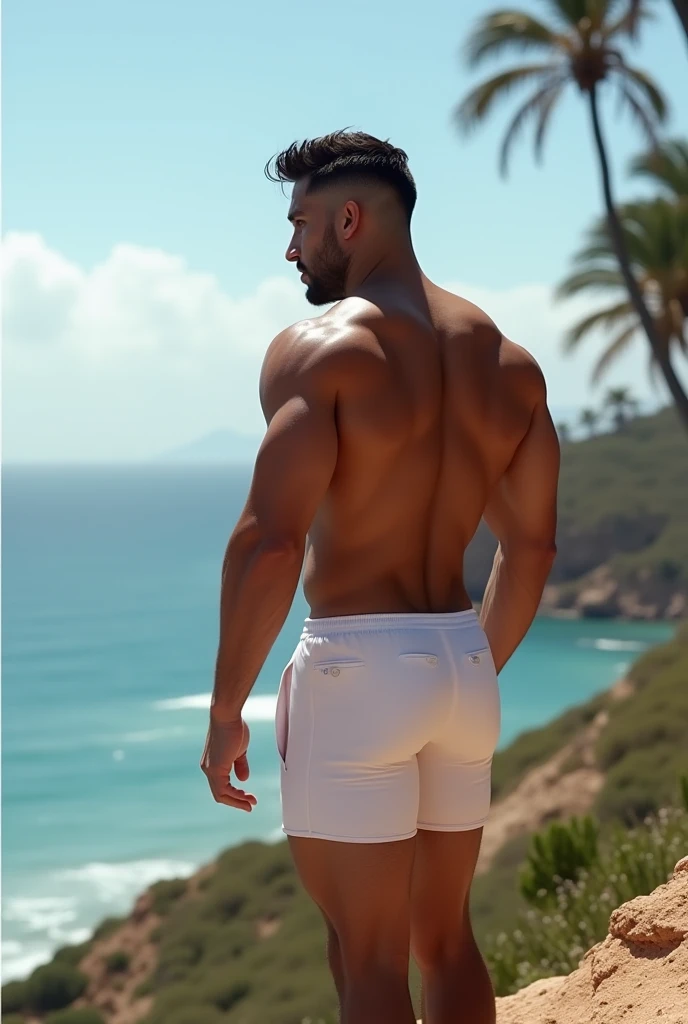 A men standing in water of beach, facing towards beach enjoying beautiful view of beach, having great body features, round buttocks, thick thighs, beautiful legs.....