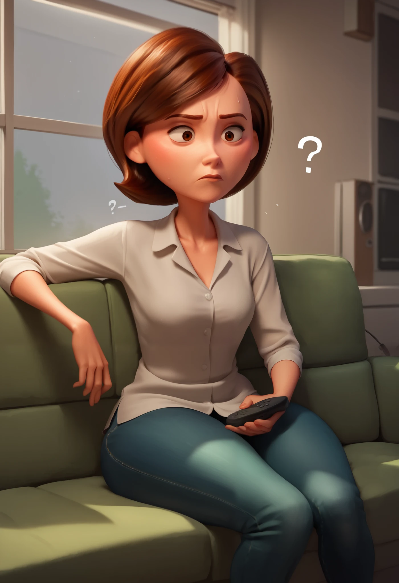 Helen parr, solo1, mature female, brown eyes, brown hair, short hair, small , collarbone, casual, (cold light), thick thighs, jeans, white collared shirt, sitting, ((green couch)), 80s living room, watching tv, daylight, window, remote controler, (((?))), ((intrigued)), (((confused)))
