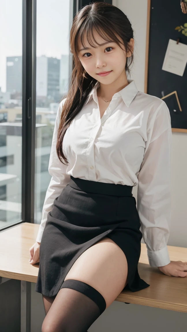 (masterpiece:1.2,8k, raw photo, ultra quality), absurdres, (photo realistic:2), high detail raw color photo,skiny skin, professional photograph,((best quality))、Beautiful Japanese office lady、Denim mini skirt、knee boots、A tight, transparent brown T-shirt、(Panty peeking)、(Magenta Panties)、smile、(View your viewers)、short hair、Gray background、Sit on a bench、Flash photography、cleavage cutou、(hands behind head)、legs together、from below、upskirt