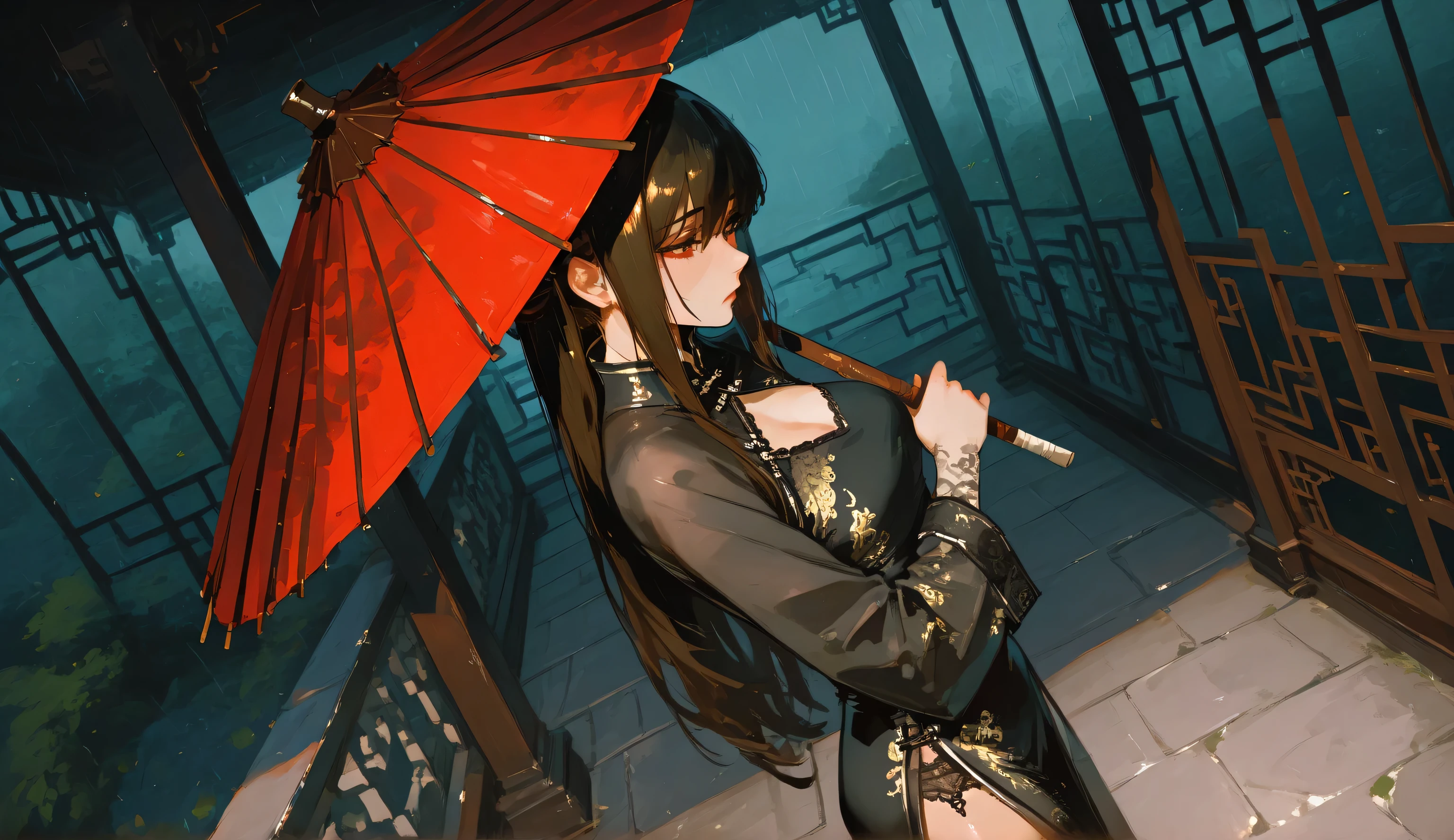 Rainy Day, A Chinese woman with a sad expression, Wearing black embroidered cheongsam, Holding an oil-paper umbrella, Standing in a Chinese garden, from side, Wide-Angle, chiaroscuro, cinematic lighting, UHD, retina, masterpiece, textured skin, high quality, highres, anatomically correct, 8k