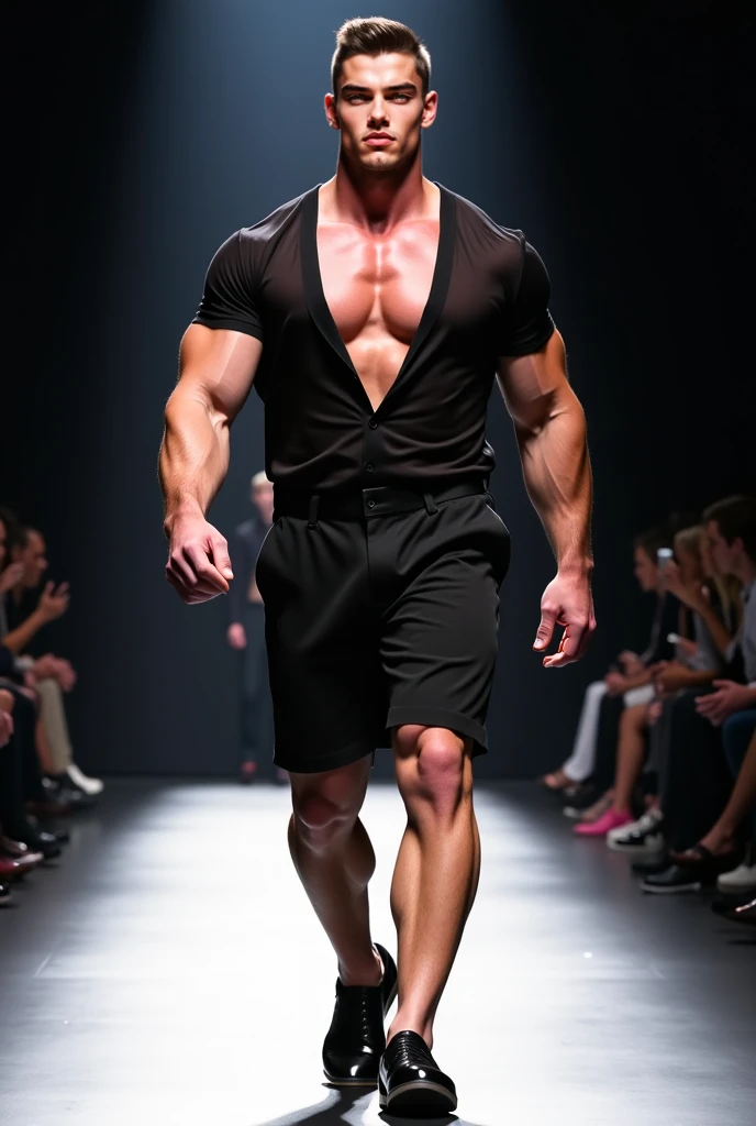 Man with normal body parading without T-shirt, blonde hair, fashion show, milan fashion, show, sexy, full body