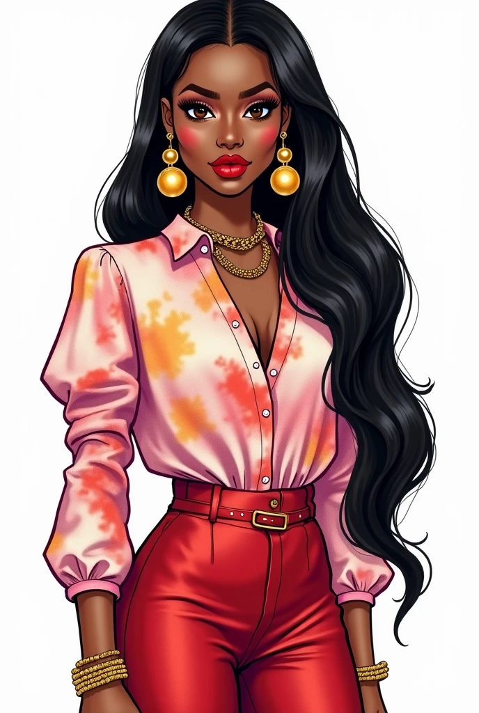 anime dark chocolate skin girl, with afro and a bando wearing a pink shirt , with long white skirt, pink shoes, gold chain, gold bicep bracelet, ear piercings, pink hand purse