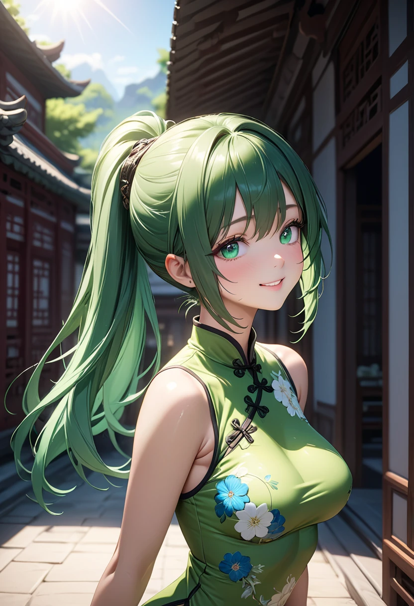 Best Quality,High resolution,8k,finelity detailed background,Masterpiece:1.2),beautiful girl,Shiny green hair,pony tail,Green Eyes,Gentle look,A refreshing look,smile,Best quality,Best Quality,Aesthetic and aesthetic:1.2,Best details((Super detailed))(High-definition CG illustrations),China dress,Slender body,Japanese garden,smile,blush,cute,Scrounge,Looking up,Being spoiled,super model