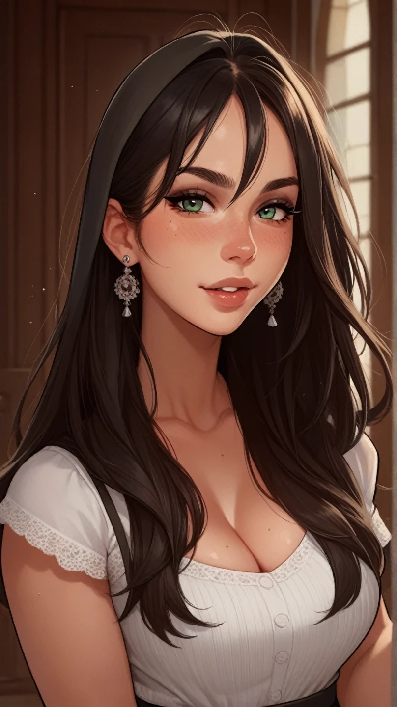 a beautiful woman with long black hair and big breasts, full body, black hair, long hair, short white wet low cut t-shirt, collarbone, short sleeves, parted bangs, blush, belly, blue eyes, closed mouth, legs, hips, navels