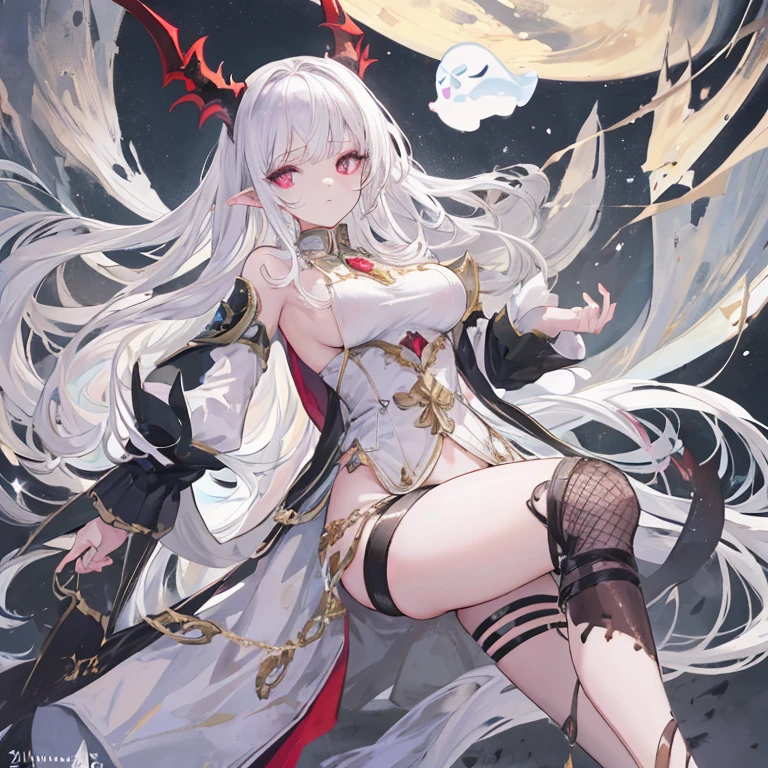 ultra high details, mature woman, red skin, 2 large horns, 2 big black wings, long wavy white hair, yellow eyes, black long dress with gold ornaments, standing in a river, moon with starry sky, looking up, magic, sparkels,