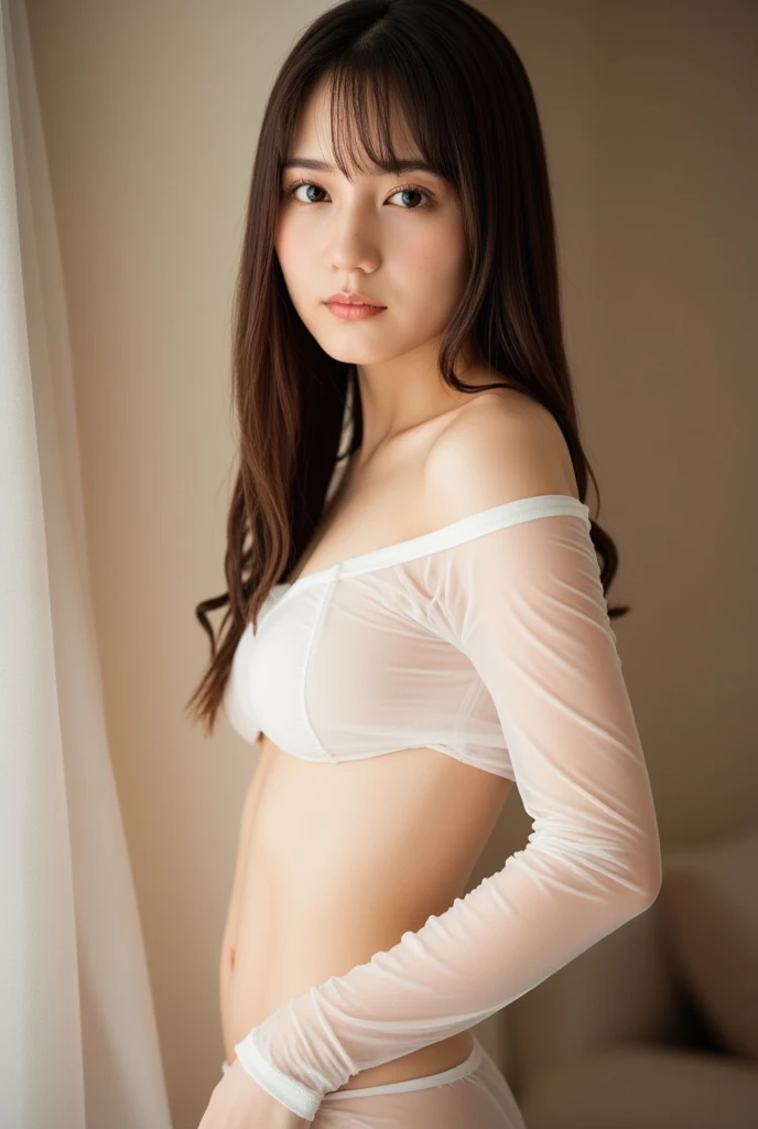 1 girl in、full body Esbian、A dark-haired、The long-haired、Huge breasts, cleavage、Shoulders exposed、Underwear with see-through, See-through tank top, (White Tank Top), (loose fit), See-through-Panty, (White panties), (delicate illustration:1.4)、(masterpiece:1.0)、(top-quality:1.4)、(超A high resolution:1.2)、(Photorealsitic:1.4)、(8K、Raw photography:1.2)、(softfocus:1.4)、(15yo student:1.3)、(foco nítido:1.4)、Beautiful fine face, full bodyesbian, frontage,indian style, A slight smil,In the barn,On hay,frog-sit on the floor