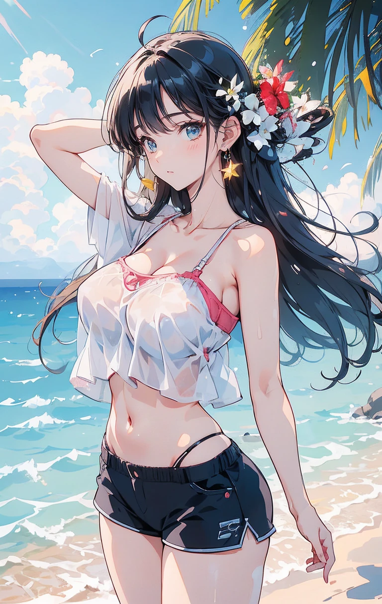 (8K、Highest quality、Highest quality、masterpiece)、Detailed face、One Girl、 
(Brown Skin:1.2)、Black Hair、Long Hair、
Pink Eyes、Sweat、Grin、
(White tank top、Denim hot pants)、
Beach、cloud、
belly button、Big Breasts、