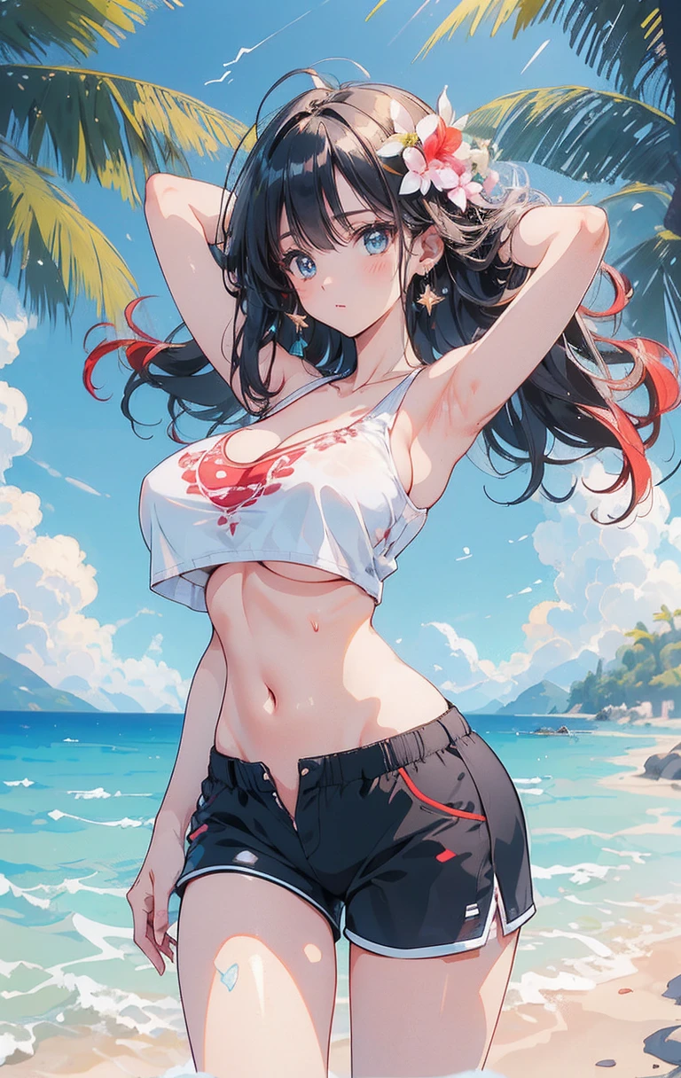 girl lying on her stomach on a plank of wood, wearing a red bikini and black thigh-high stockings, long dark hair is styled in loose waves, alluring expression, blue sky, white clouds, field of wheat,