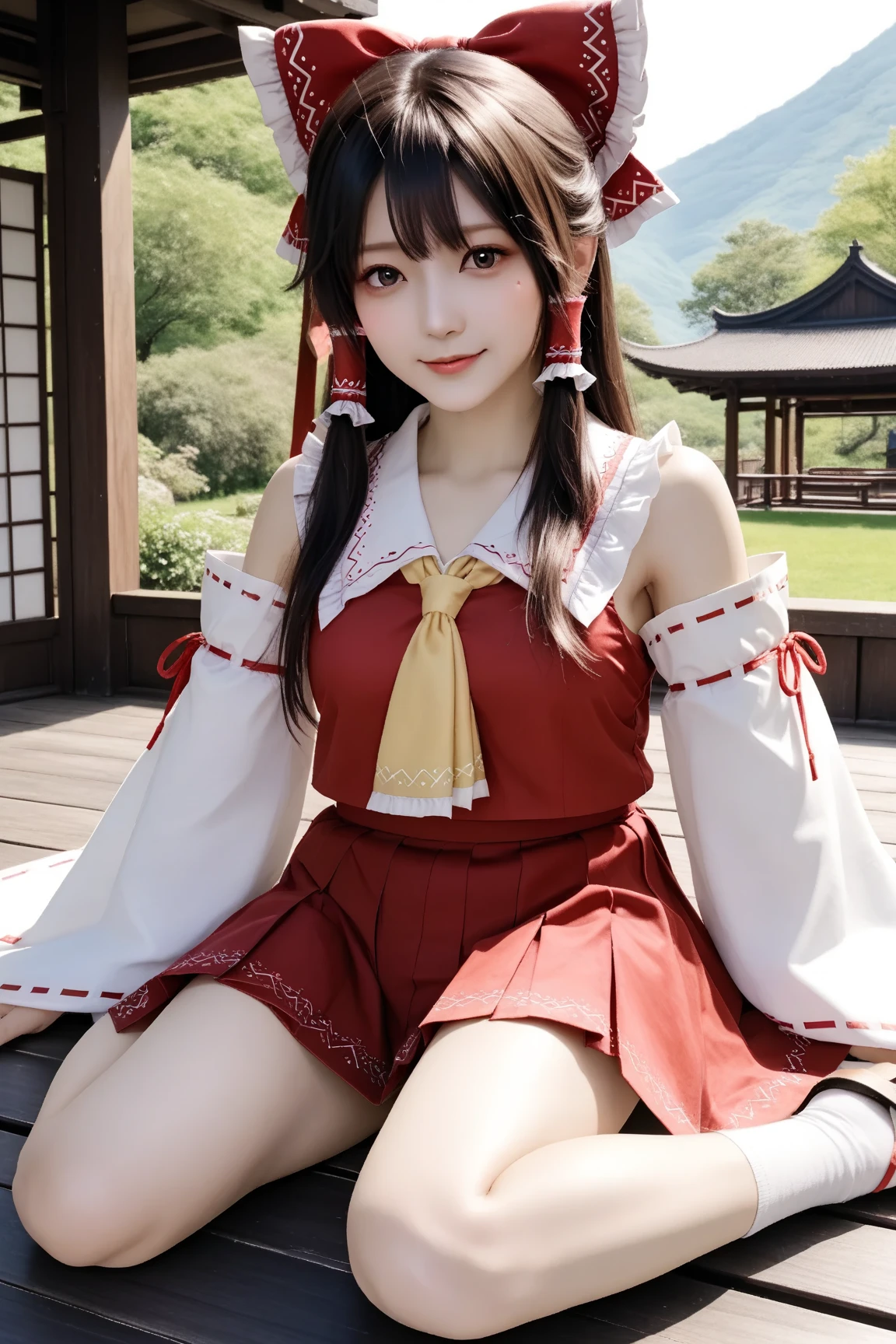 Reimu Hakurei, (brown eyes:1.5), brown hair, bow, hair bow, Hair Tube, long hair, red bow, side lock,
Blake Ascot, bare shoulder to the man behind you, sleeves are apart , Decorated Outfits , frills, kimono, Non-traditional Shrine Maiden , red skirt, sandals on the skin, Exposing, skirt, socks, White sleeves, white socks, wide sleeve,
a break staring at the viewer,
resting outdoors , shrine,cowboy shooting,Smile BREAK (masterpiece:1.2), best quality, High Resolution, Unity 8k Wallpaper, ( illustration of a woman with a penis :0.8), (Beautiful Detailed Eyes), highly detailed face with a woman, perfect lighting, very detailed CG, (perfect hands with full nudity, perfect anatomy),dynamic pose,