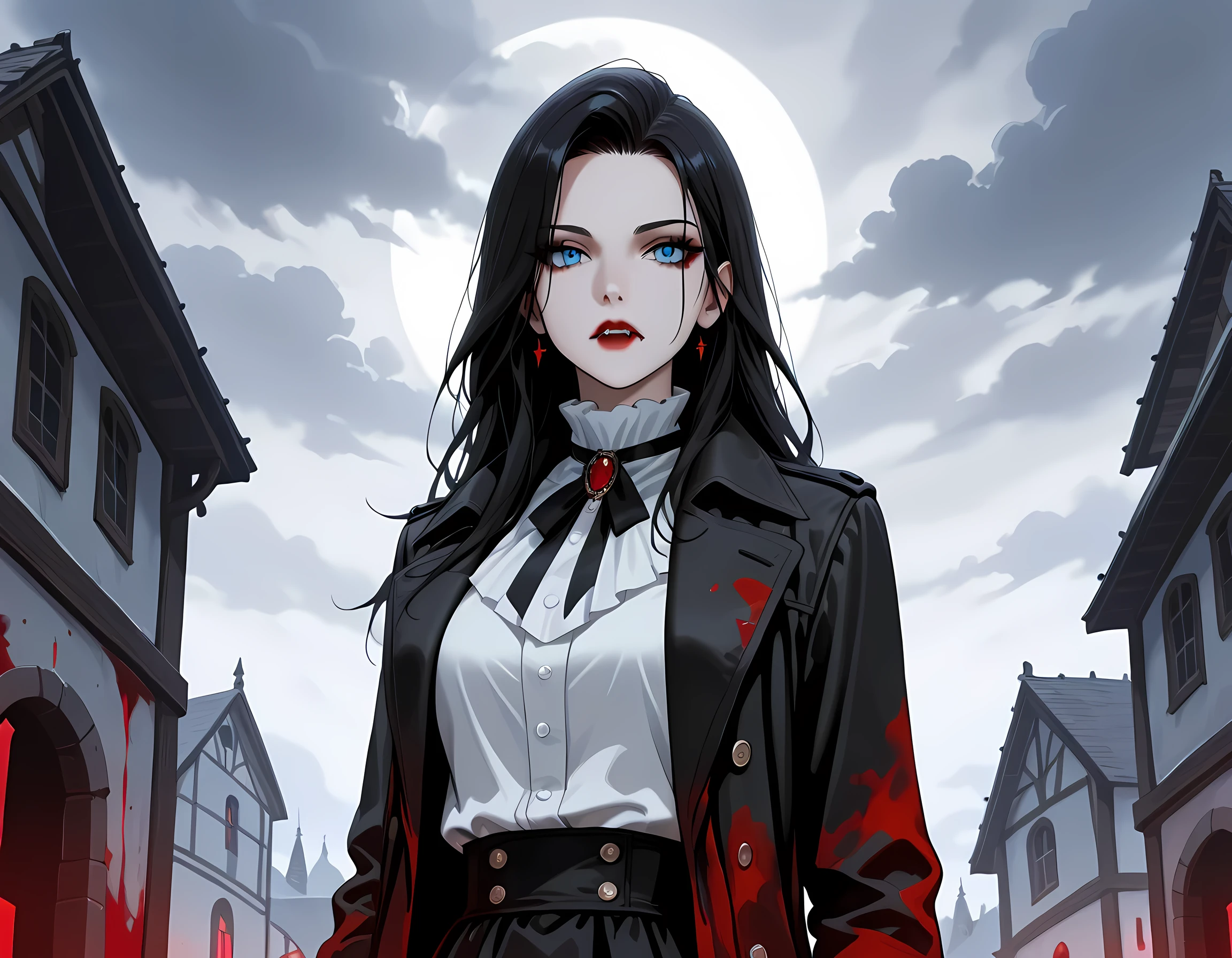 score_9, score_8_up, score_7_up,goth black and white anime art, (black and white art: 1.5) mostly black and white, a picture of a beautiful female vampire, best detailed face, black hair, long hair hair, blue eyes, wearing trench coat, wearing a skirt, wearing white leather shirt, (red blood stains: 1.3), it is cloudy night (only colors are the blood and the eyes), vampyfangs1, fantasy, Cinematic Shot