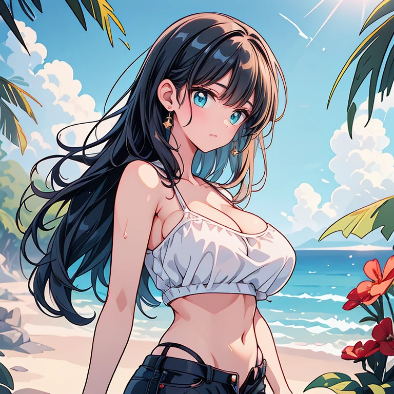 masterpiece、ultra-quality、ultra-detailliert、Perfect drawing、独奏、girl with、((maikurobikini))、Round and cute buttocks、ample breasts(H Cup Bust)、((bulging bust top))、red blush:(0.2)、perspiring、{{{sun burn:(1.5)}}}、A smile、18year old、blue-sky、cumulonimbus clouds、glowing sun、shores、sand beach、Shot from diagonally below the back、bustup、see -through、beatiful backgrounds、Accurate drawing、Detailed drawing