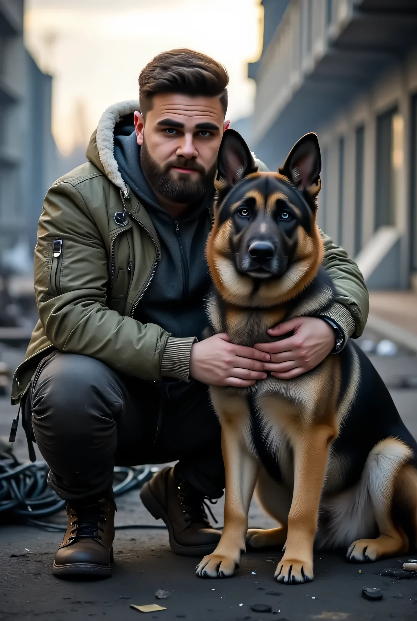 ((Davar)) A 30-35-year-old white man with a thick, well-groomed beard and wavy, light brown hair, blue eyes, sitting on the ground in a gritty urban ruin at dawn. He wears a rugged olive-green parka with a fur-lined hood and worn combat boots, embracing a loyal German Shepherd with tan and black fur. His expression is stern yet tender, with a backdrop of blurred, dilapidated buildings and soft golden light breaking through the haze. Snowflakes and debris gently fall, creating a moody, cinematic post-apocalyptic atmosphere.