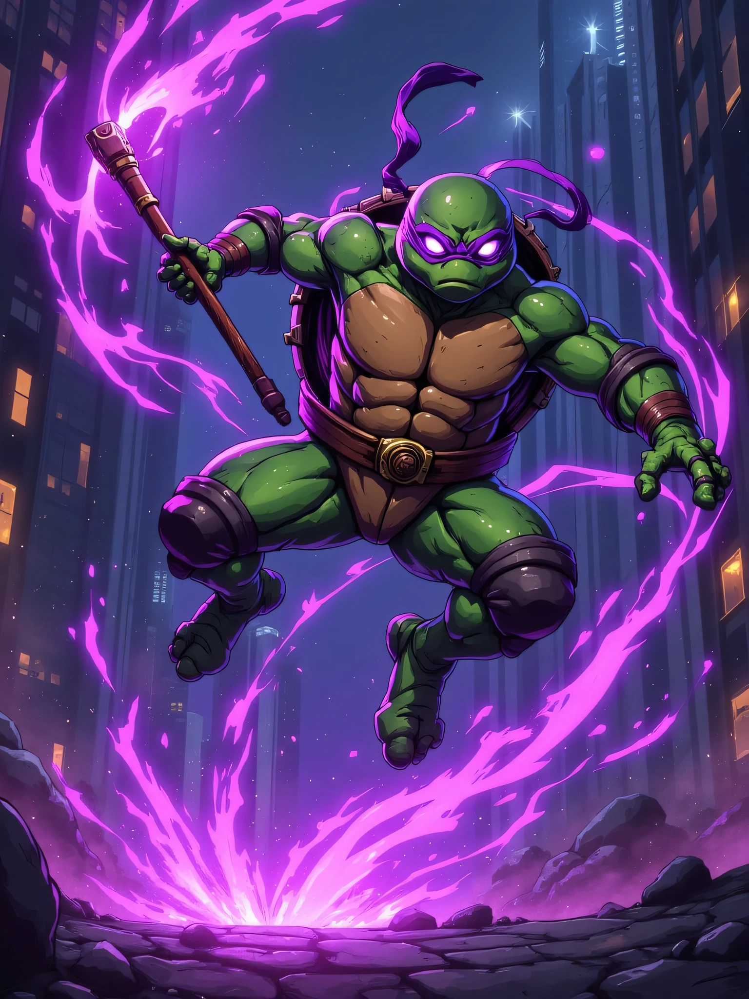 A muscular ninja turtle, but thinner , bouncing through the air in a powerful swivel kick. He holds his bo staff glowing with purple neon energy in one hand, as his mask flutters in the wind. His body is surrounded by threads of purple energy, creating a dynamic motion effect. The setting is a dark cyberpunk background, with neon shining and high-tech sparks in the air. The art style is cartoon stylized with soft shading and cinematic lighting