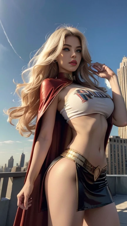 1girl, (Blue Eyes), (seductive face :1.2), wide hips, (big tits :1.1), (big ass), (thin waist :1.2), (thick thighs), (toned legs :1.1), muscle, (Best Quality, 8k, Masterpiece: 1.3), Clear Focus: 1.2, Perfect Body Beauty: 1.4, (strong abs :1.2), Highly detailed face and skin texture, detailed eyes, double eyelids, (shiny skin :1.2), (long blonde straight hair :1.3), marvel, white superhero suit :1.3, super heroine, (red silk cape :1.2), cape flying in the wind, standing, dynamic pose, on top of a building, city in the background
