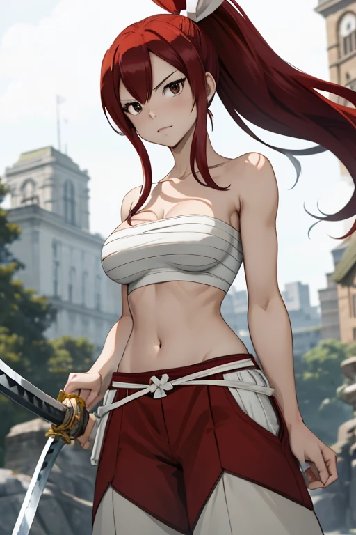 masterpiece, best quality, highres, fairy tail, 1girl, cute, long hair, red hair, ponytail, white ribbon, hair over one eye, brown eyes, large breasts, collarbone, chest sarashi, bandage, bare arms, midriff, red hakama, red pants, holding weapon, sword, katana, outdoors, Ruronin pose, rooftop, katana unsheated, ninja style