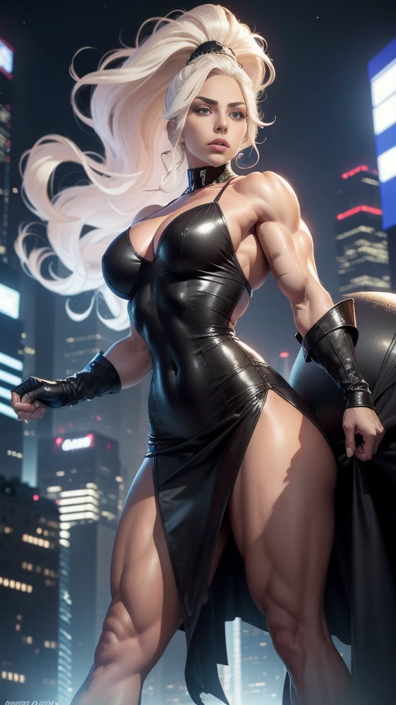 A gorgeous and stunning female soldier fighting on the battlefield, smirking sadistically, smiling sadistically, high rank, dominant, challenging demeanor, smug, teasing, tall, statuesque, imposing, towering, biceps, triceps, eight pack abs, extremely defined abs, evening dress, wide shoulders, narrow hips, narrow waist, huge breasts, slim, slender, toned, long eyelashes, make up, perfect eyes, eyeliner, perfect lips, long fingers, delicate fingers, long nails, supermodel, tattoo on shoulder, tanned skin, colonel, marshal, lieutenant, platinum blonde, at night,