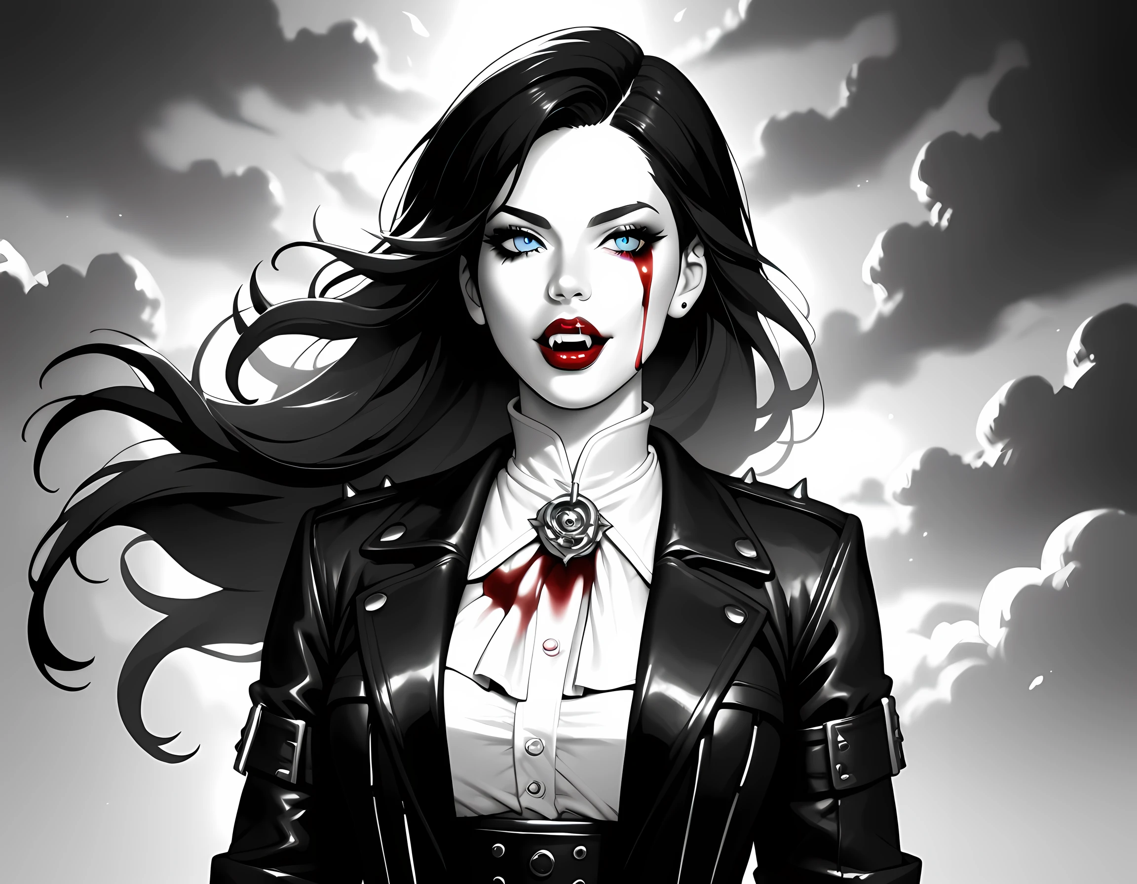 score_9, score_8_up, score_7_up,goth black and white anime art, (black and white art: 1.5) mostly black and white, a picture of a beautiful female vampire, best detailed face, black hair, long hair hair, blue eyes, wearing trench coat, wearing a skirt, wearing white leather shirt, (red blood stains: 1.3), it is cloudy night (only colors are the blood and the eyes), vampyfangs1, fantasy, Cinematic Shot