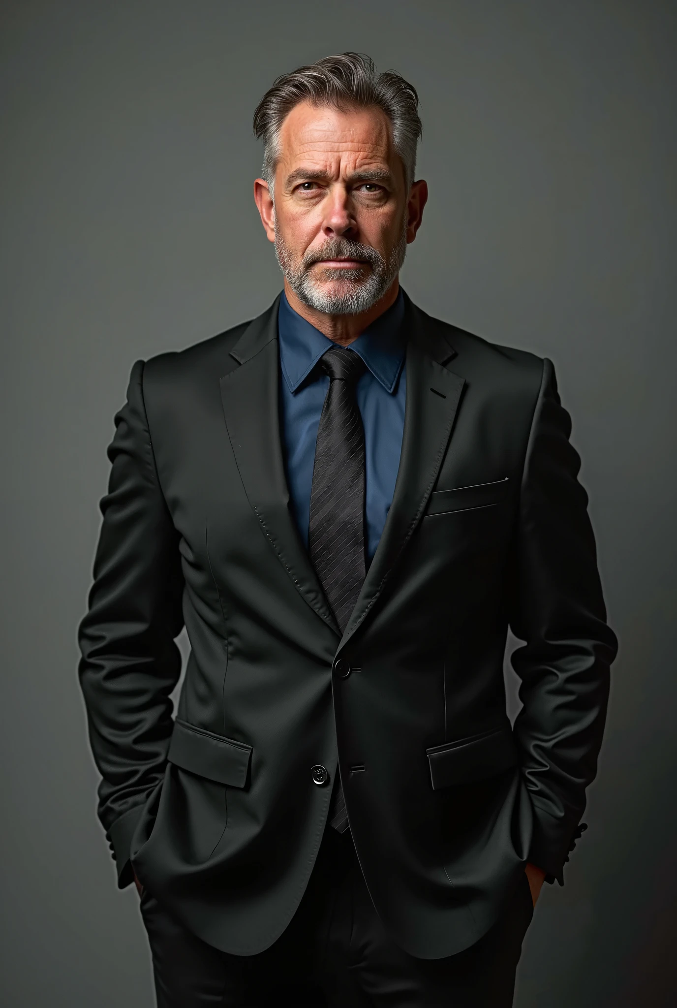Man standing in black suit with navy blue undershirt and black tie