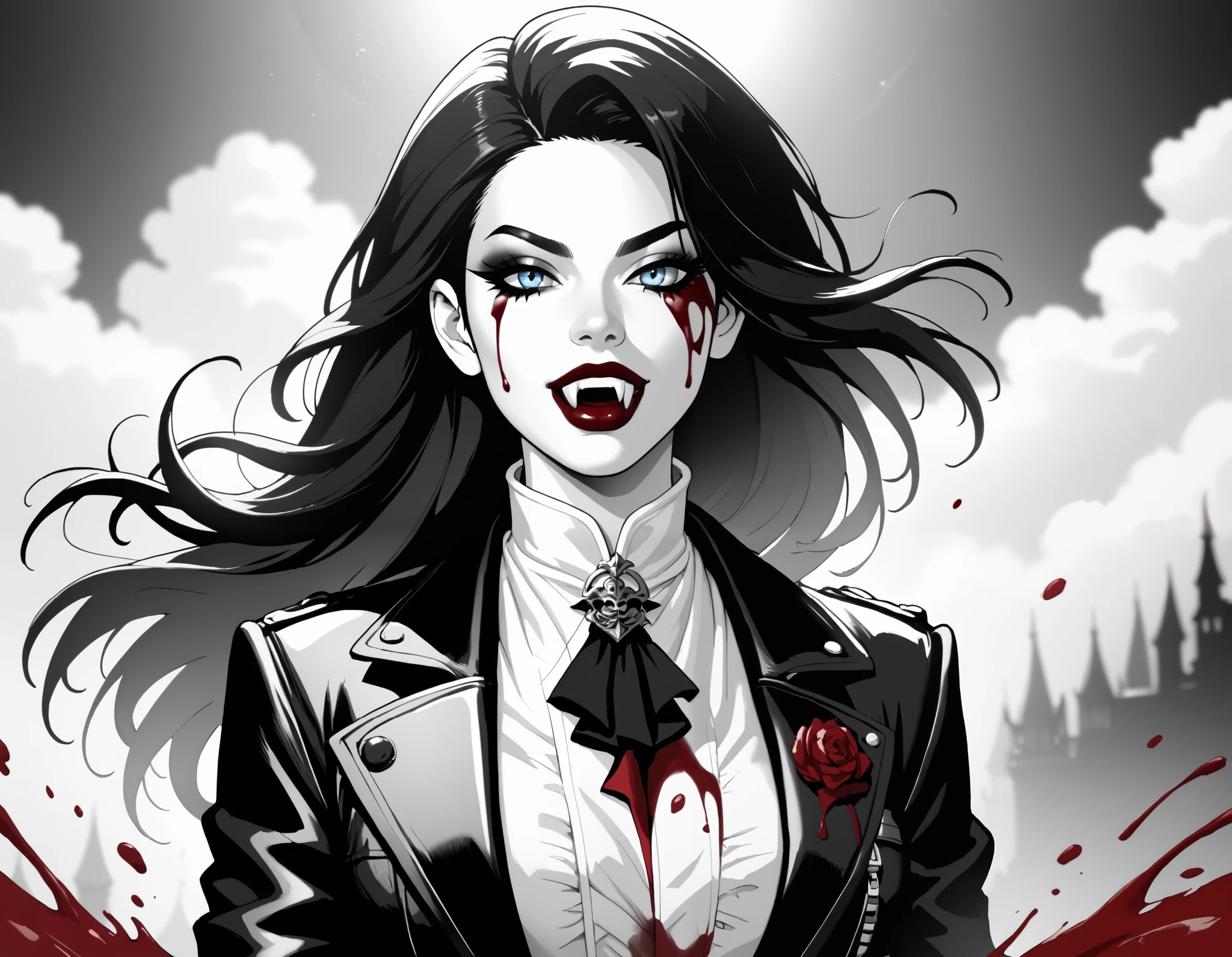 score_9, score_8_up, score_7_up,goth black and white anime art, (black and white art: 1.5) mostly black and white, a picture of a beautiful female vampire, best detailed face, black hair, long hair hair, blue eyes, wearing trench coat, wearing a skirt, wearing white leather shirt, (red blood stains: 1.3), it is cloudy night (only colors are the blood and the eyes), vampyfangs1, fantasy, Cinematic Shot